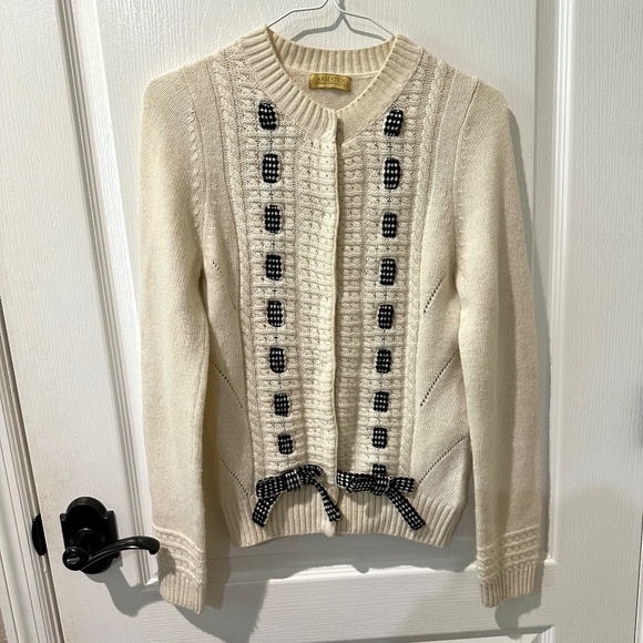 Armaten White and Black Cable Knit Cardigan Sweater with Checkerboard Pattern